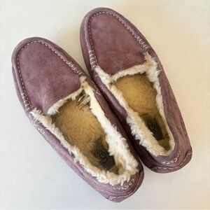 UGG Mauve Suede Shearling Lined Moccasin Slippers